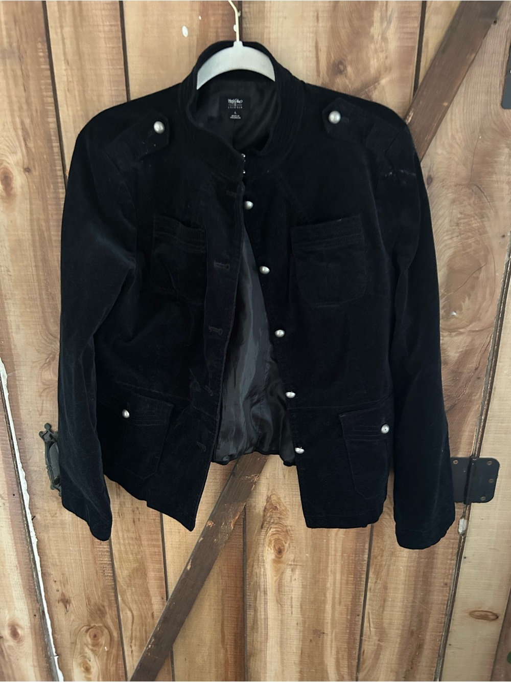 Mossimo Black Velvet Metal Button Military Style Jacket, Size L Lined